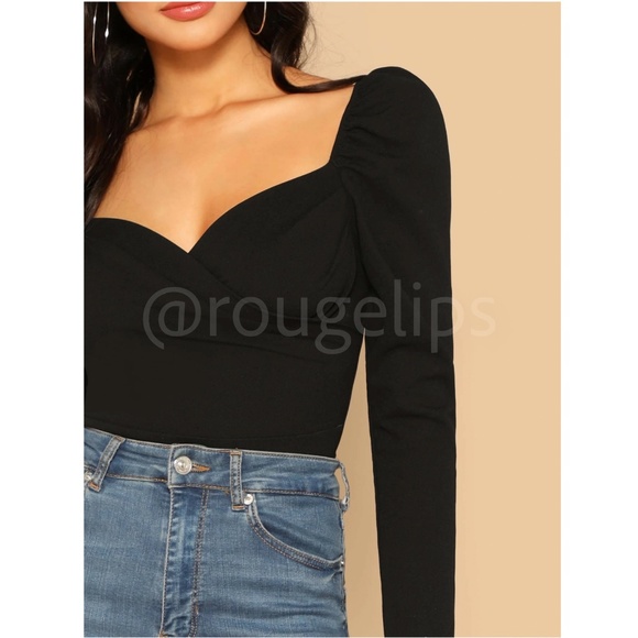 Black Puff Long Sleeve Fitted Sweetheart Neck Shirt - Picture 4 of 6